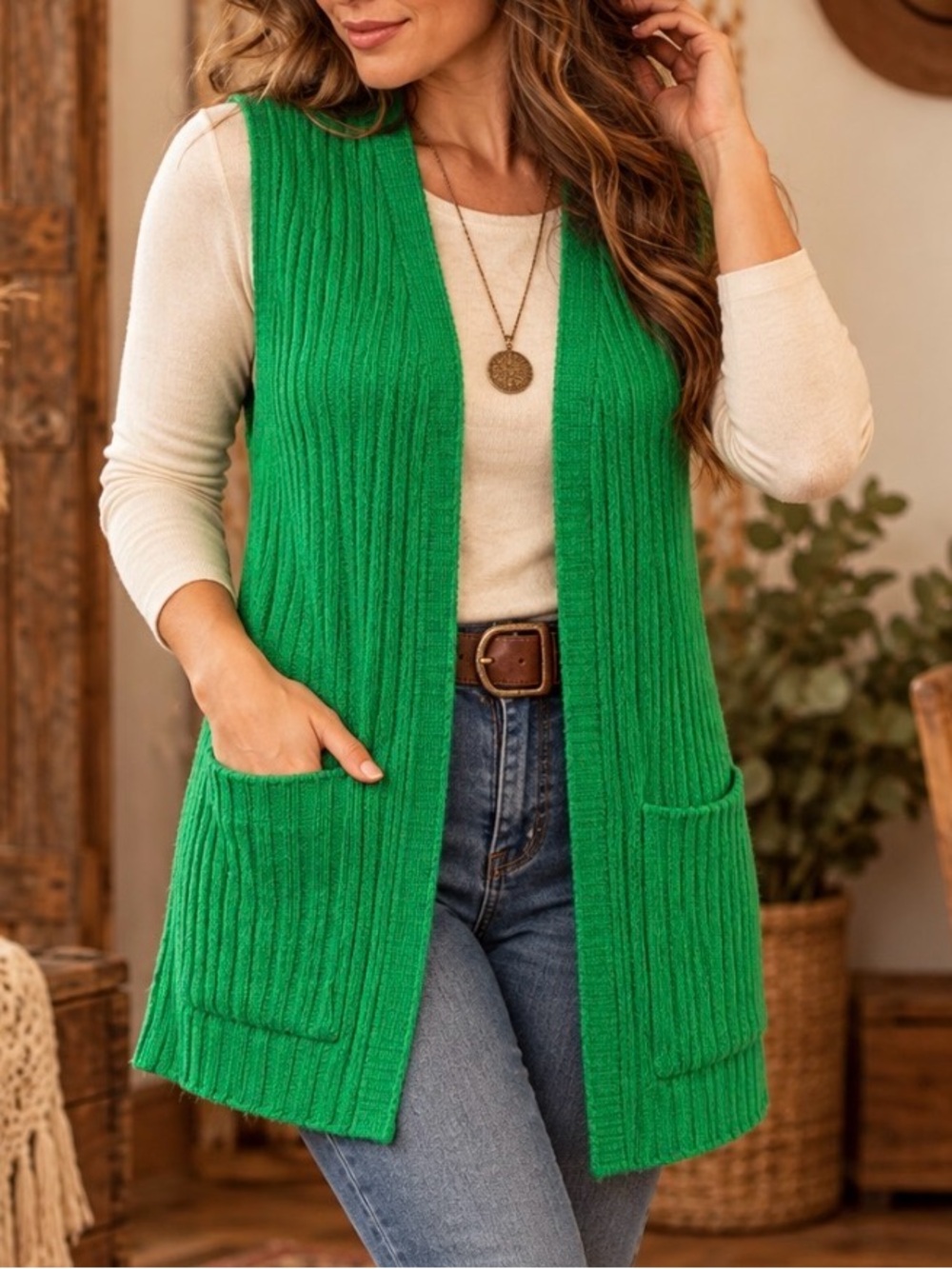 Vintage 1970s -Dotty Mann -Kelly Green -Ribbed Knit Tunic Vest w/pockets